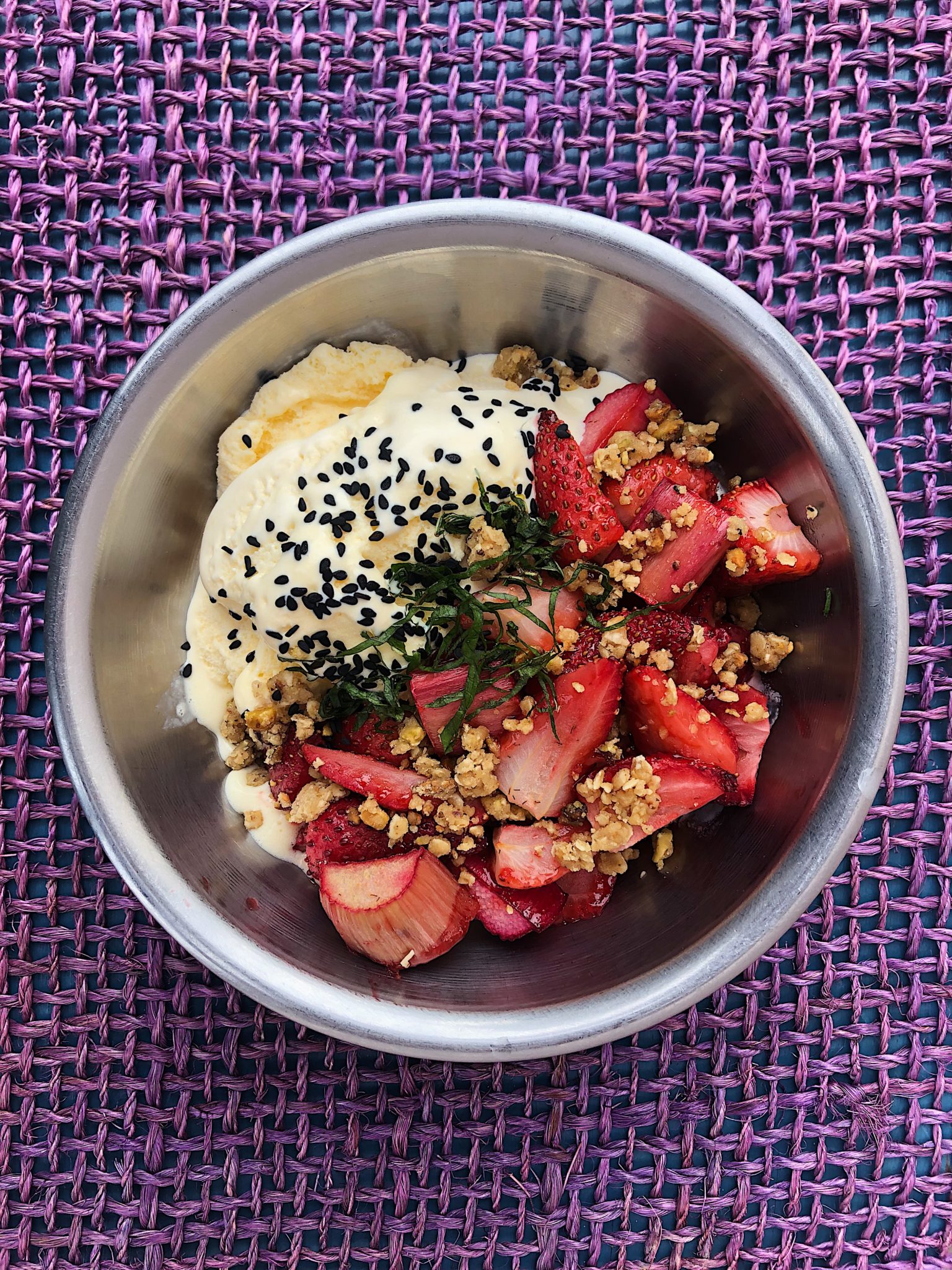 Summer Recipes - Roasted Strawberries and Rhubarb, Pistachio Crumble and Vanilla Ice Cream