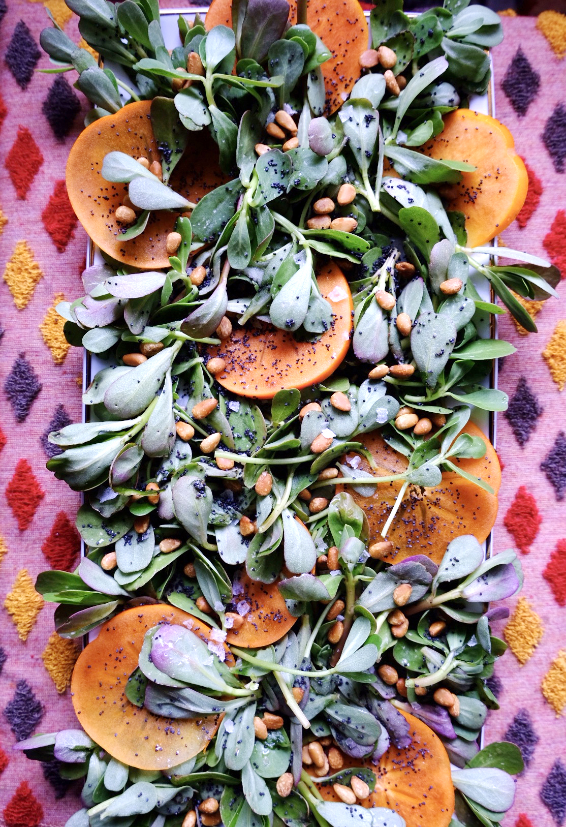 Holiday Dinner Ideas - Purslane Persimmon Poppy Seed Salad with Blood Orange Vinaigrette